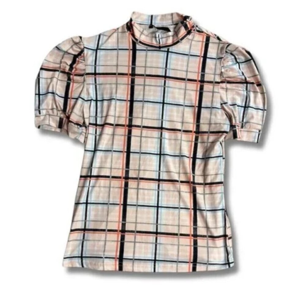 Peach Blue Black Striped Plaid High Neck Puff Sleeve Women's Blouse - Picture 2 of 8